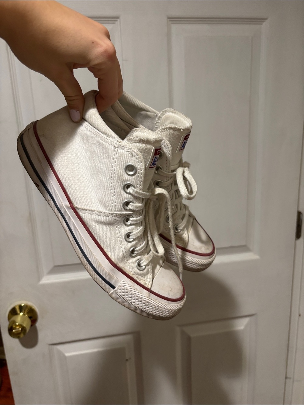 Converse White Canvas Low-Top Sneakers with Red & Navy Stripe